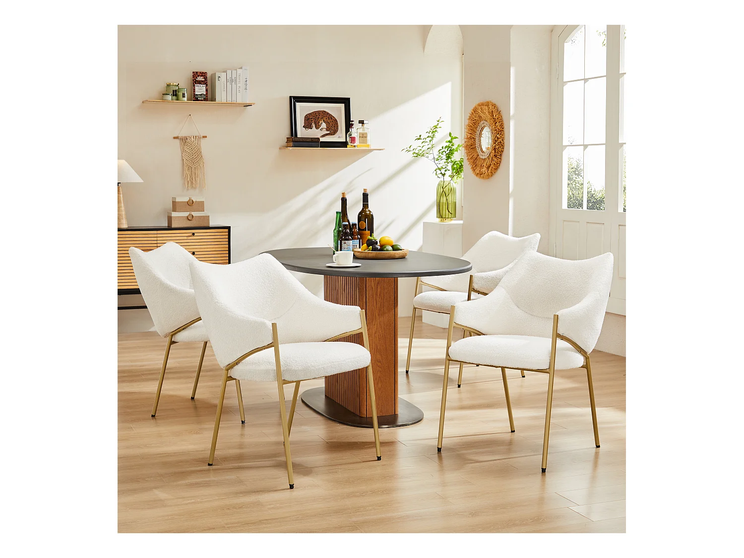 Chaise de salle à manger (4 pièces), fauteuil lounge avec accoudoirs, tissu sherpa beige, coussin épais, design moderne (52.5x48x83.7 cm)