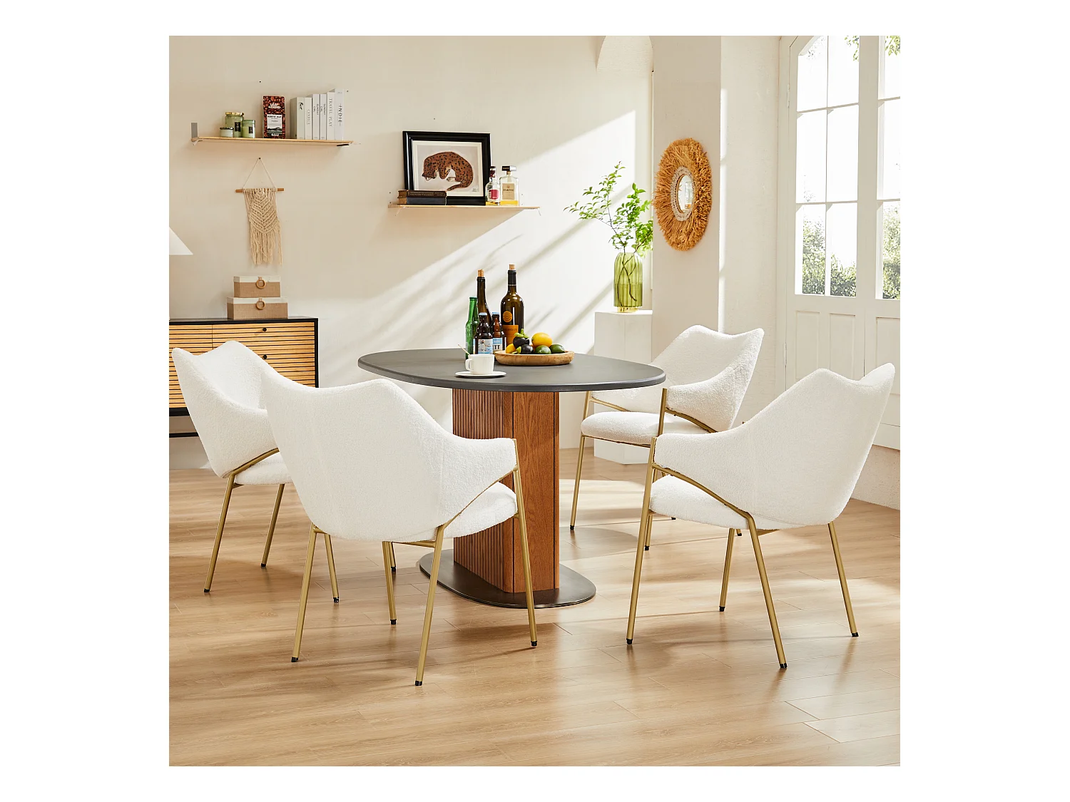 Chaise de salle à manger (4 pièces), fauteuil lounge avec accoudoirs, tissu sherpa beige, coussin épais, design moderne (52.5x48x83.7 cm)