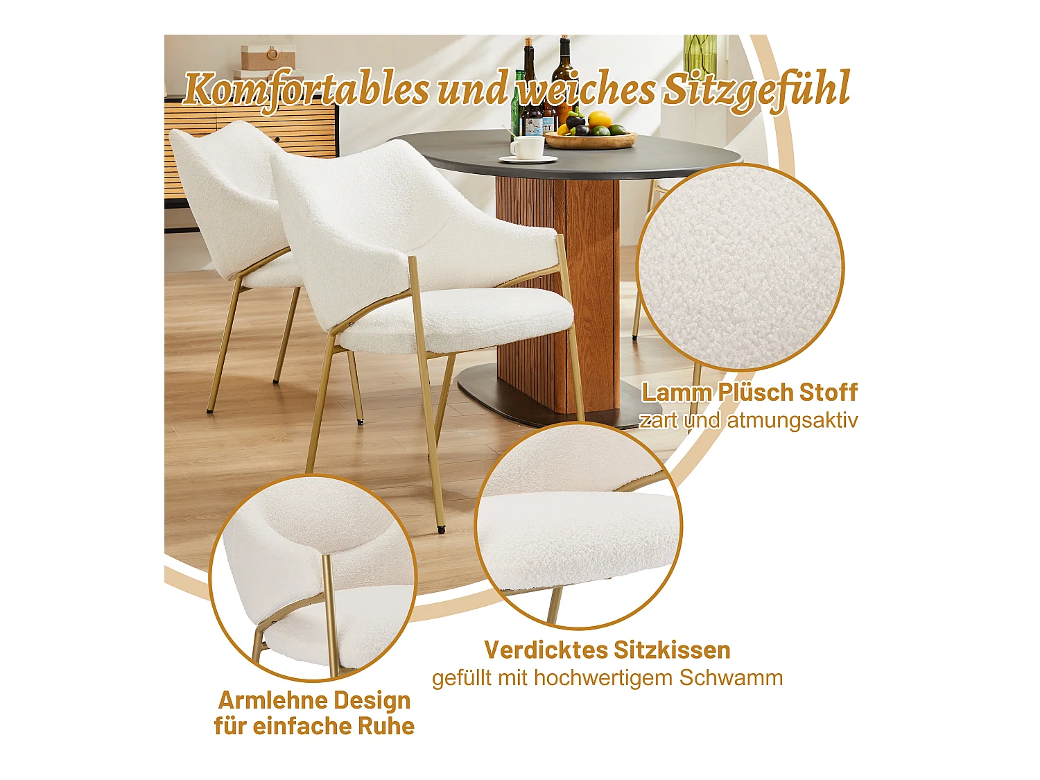 Chaise de salle à manger (4 pièces), fauteuil lounge avec accoudoirs, tissu sherpa beige, coussin épais, design moderne (52.5x48x83.7 cm)