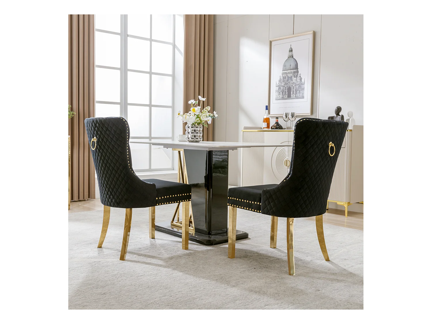 Chaise de Salle à Manger en Velours Gris, Design Unique avec Anneau Décoratif, Pieds en Acier Inoxydable Doré (50.5x45x95 cm)