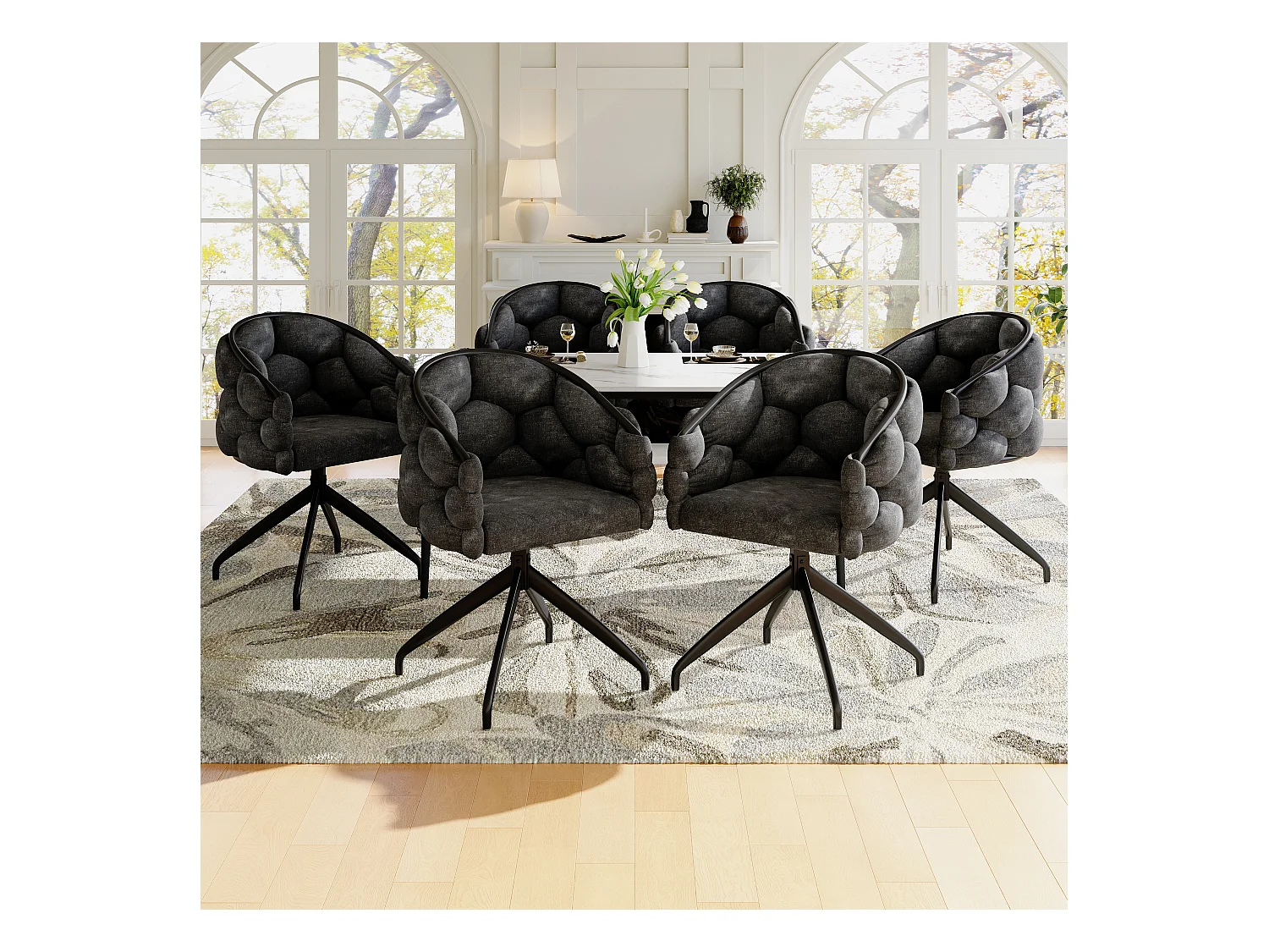 Chaises en velours luxueuses (6 pièces), chaises pivotantes, 360° rotatives, métal doré, gris (45x44x77.5 cm)