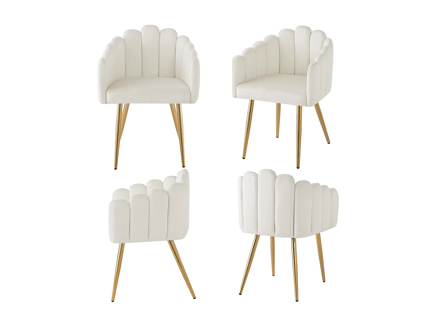Chaises salle à manger velours (4 pièces), dossier éventail, pieds métal doré, hauteur ajustable, Beige et Or (48x44.5x82 cm)