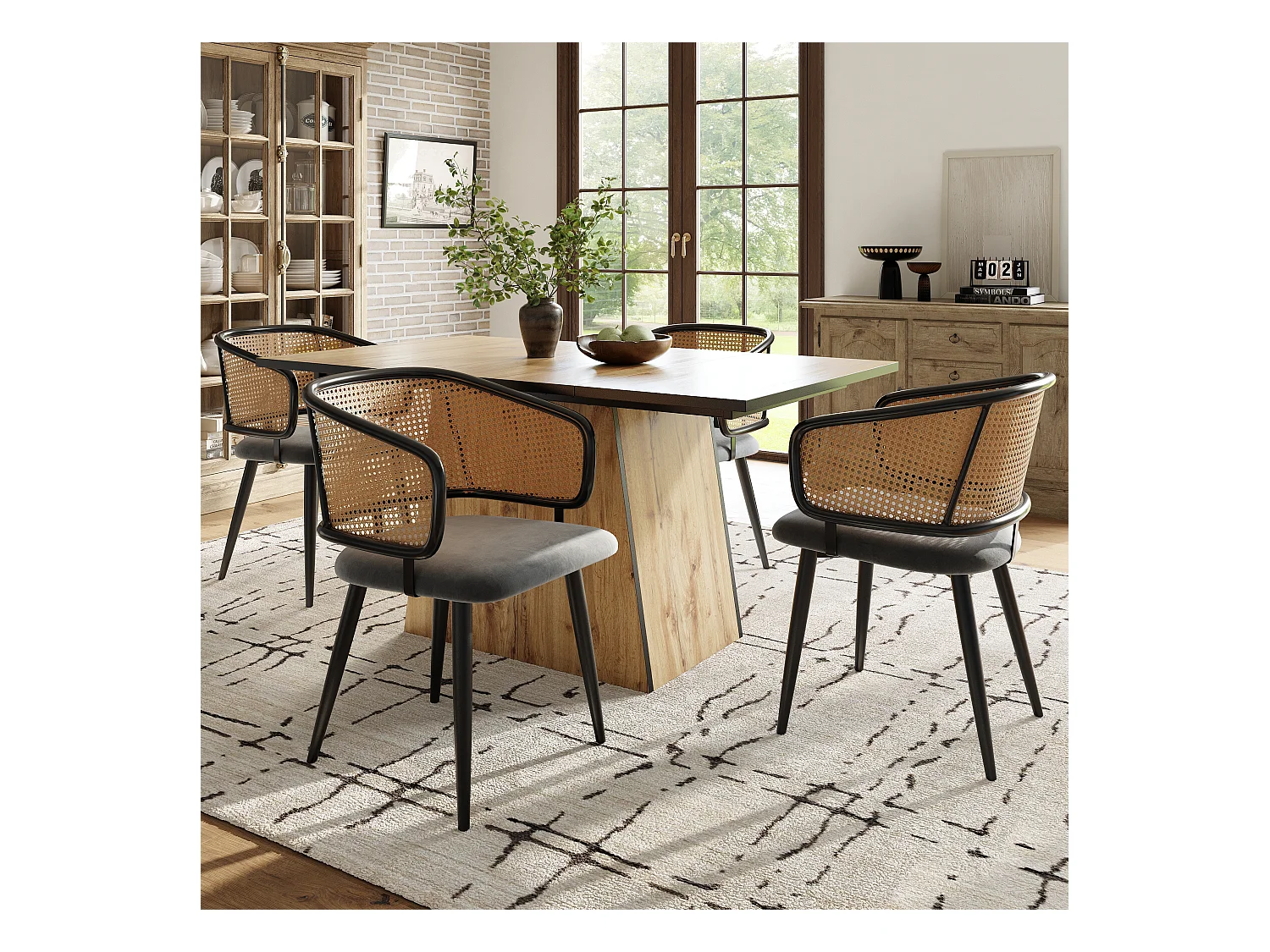 Chaises de salle à manger avec dossier en rotin (4 pièces), coussin en velours, design moderne, pieds en métal, gris (47x51x79 cm)