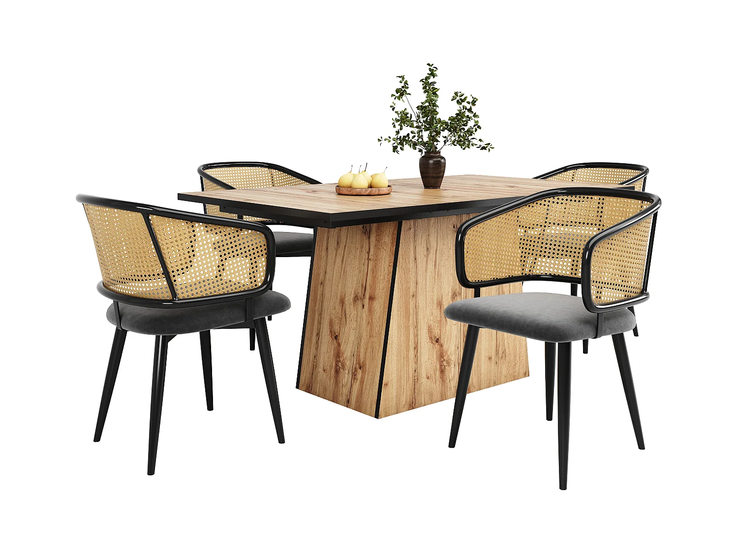 Chaises de salle à manger avec dossier en rotin (4 pièces), coussin en velours, design moderne, pieds en métal, gris (47x51x79 cm)