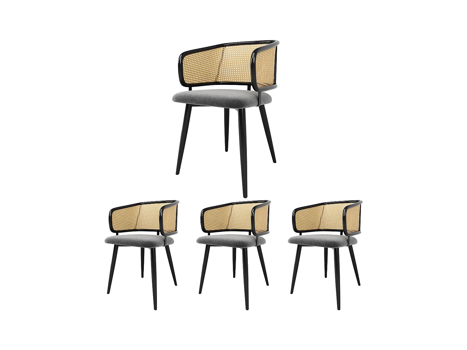 Chaises de salle à manger avec dossier en rotin (4 pièces), coussin en velours, design moderne, pieds en métal, gris (47x51x79 cm)