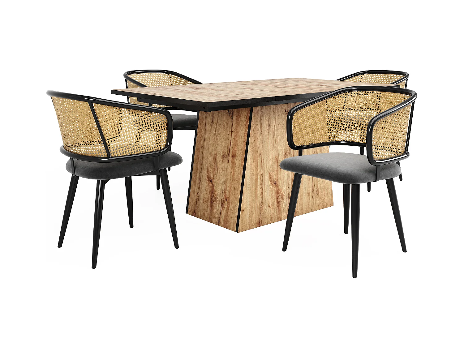 Chaises de salle à manger avec dossier en rotin (4 pièces), coussin en velours, design moderne, pieds en métal, gris (47x51x79 cm)