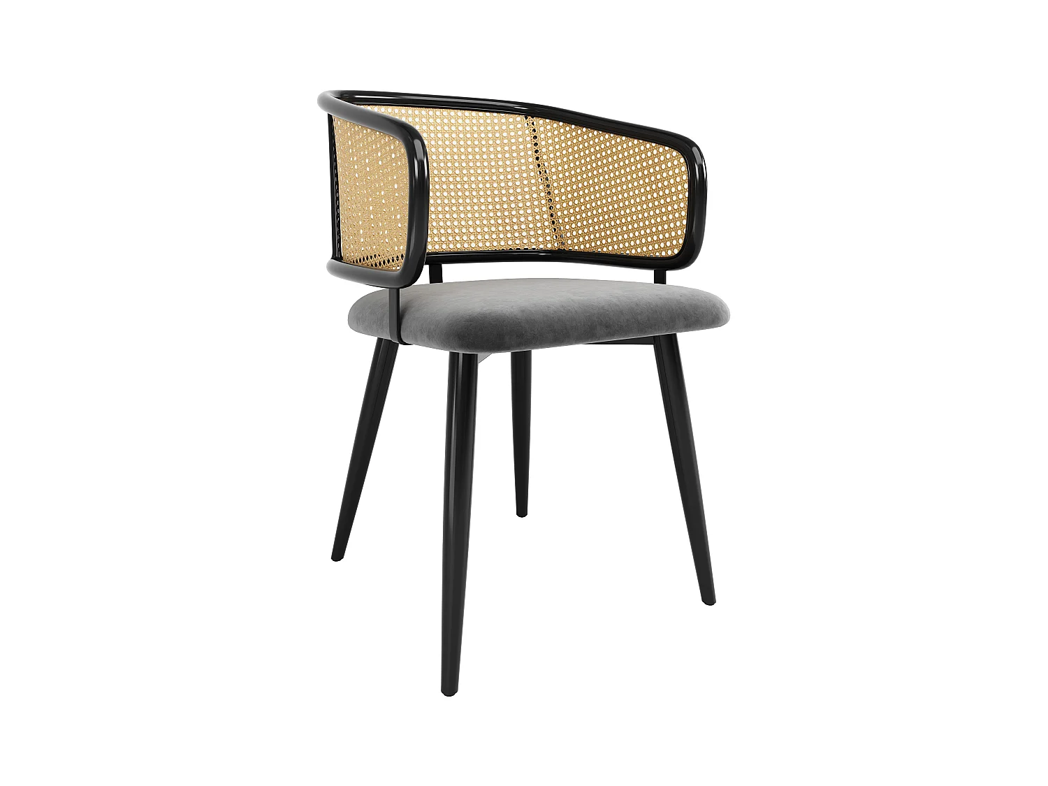 Chaises de salle à manger avec dossier en rotin (4 pièces), coussin en velours, design moderne, pieds en métal, gris (47x51x79 cm)