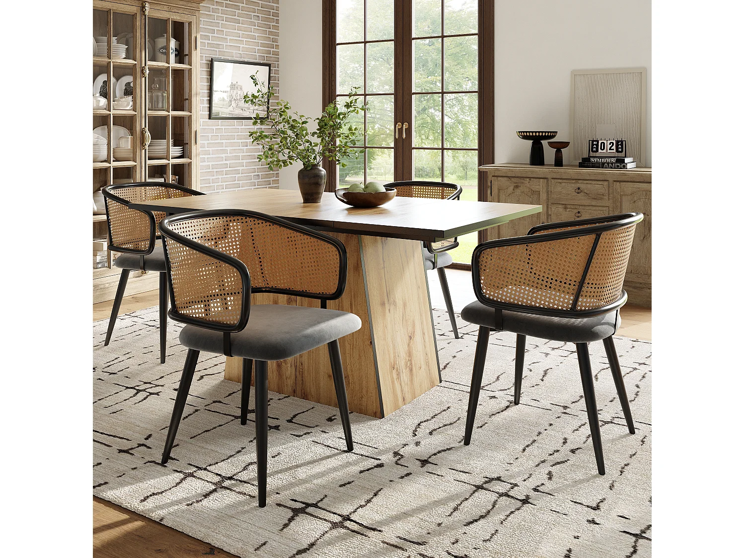 Chaises de salle à manger avec dossier en rotin (4 pièces), coussin en velours, design moderne, pieds en métal, gris (47x51x79 cm)