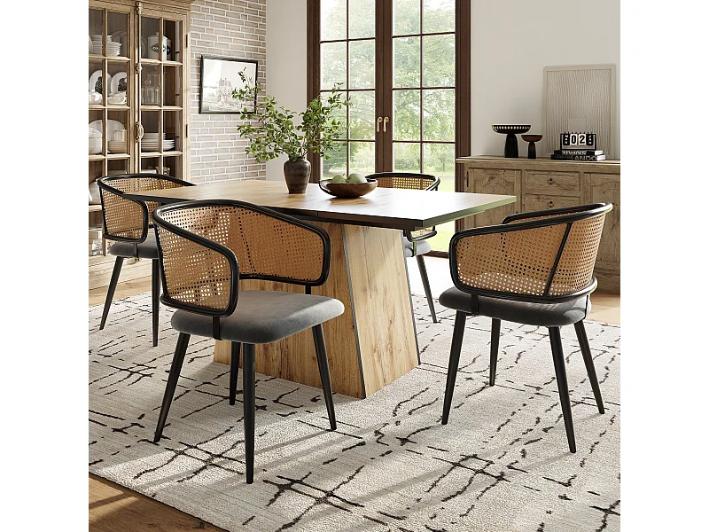 Chaises de salle à manger avec dossier en rotin (4 pièces), coussin en velours, design moderne, pieds en métal, gris (47x51x79 cm)