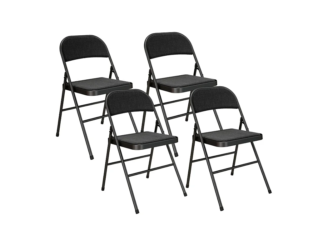 Set de 4 chaises pliantes, avec coussin, en tissu lin, structure en métal, noires, (45x46x78 cm)
