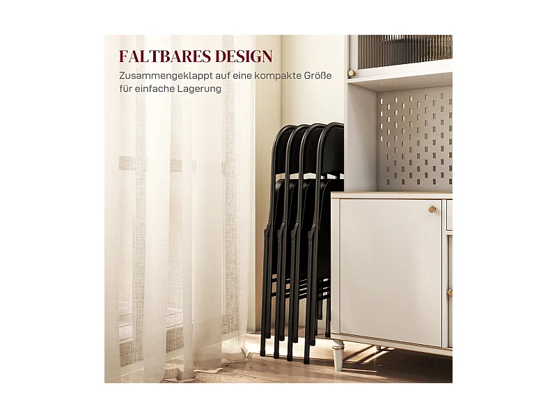 Set de 4 chaises pliantes, avec coussin, en tissu lin, structure en métal, noires, (45x46x78 cm)