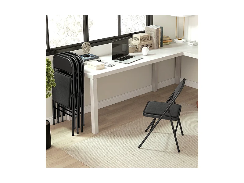 Set van 4 klapstoelen, met kussen, in linnen stof, metalen frame, zwart, (45x46x78 cm)