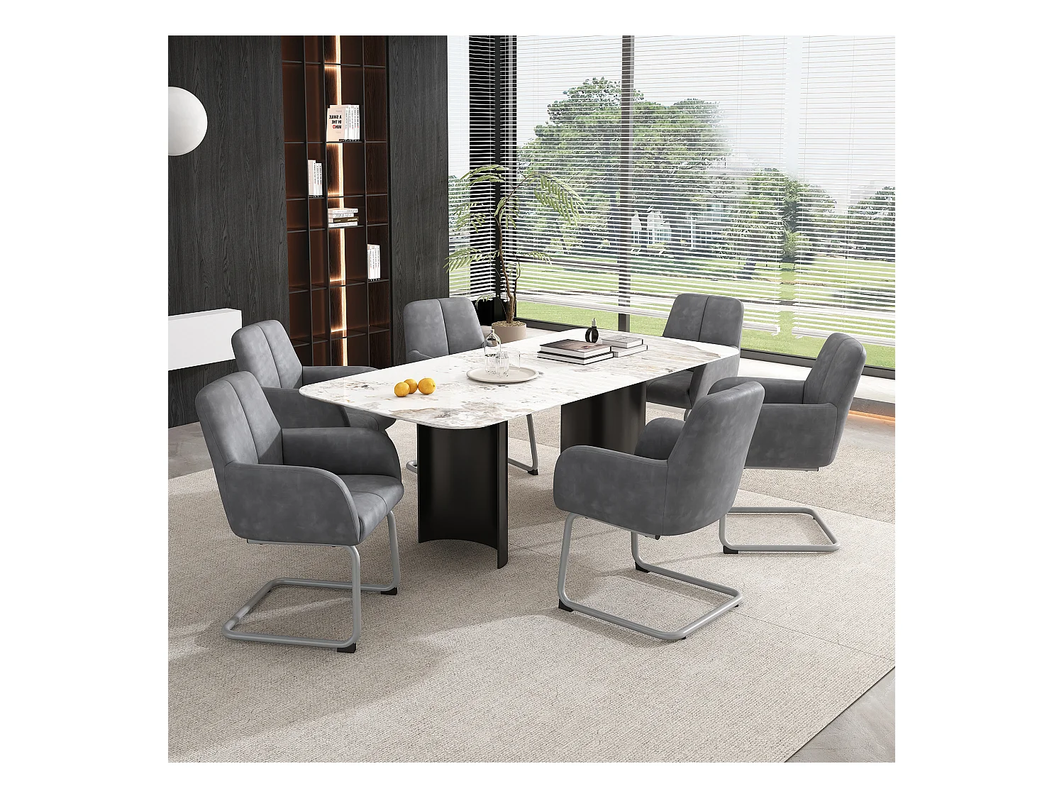 Set van 4 eetkamerstoelen met armleuningen, kunstleer, gebogen metalen poten, grijs (56x56x76 cm)