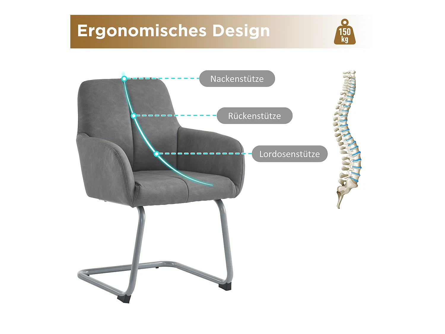 Set van 4 eetkamerstoelen met armleuningen, kunstleer, gebogen metalen poten, grijs (56x56x76 cm)