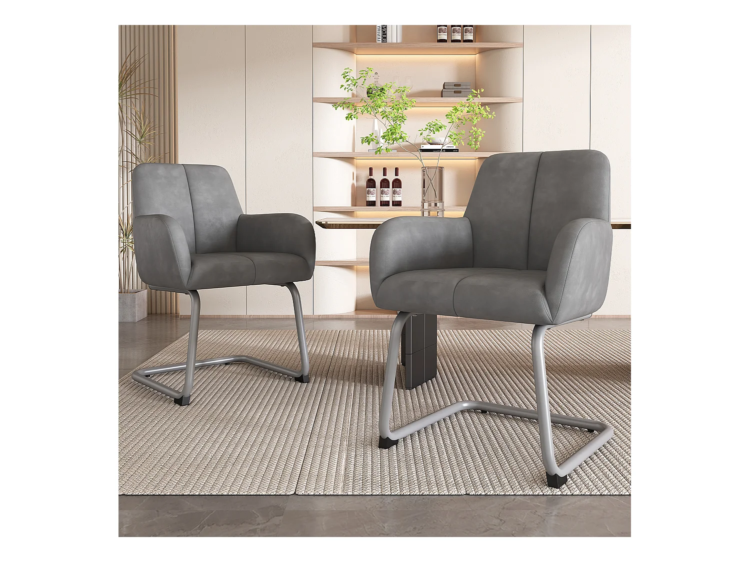 Juego de 4 sillas de comedor con reposabrazos, piel sintética, patas de metal curvadas, gris (56x56x76 cm)