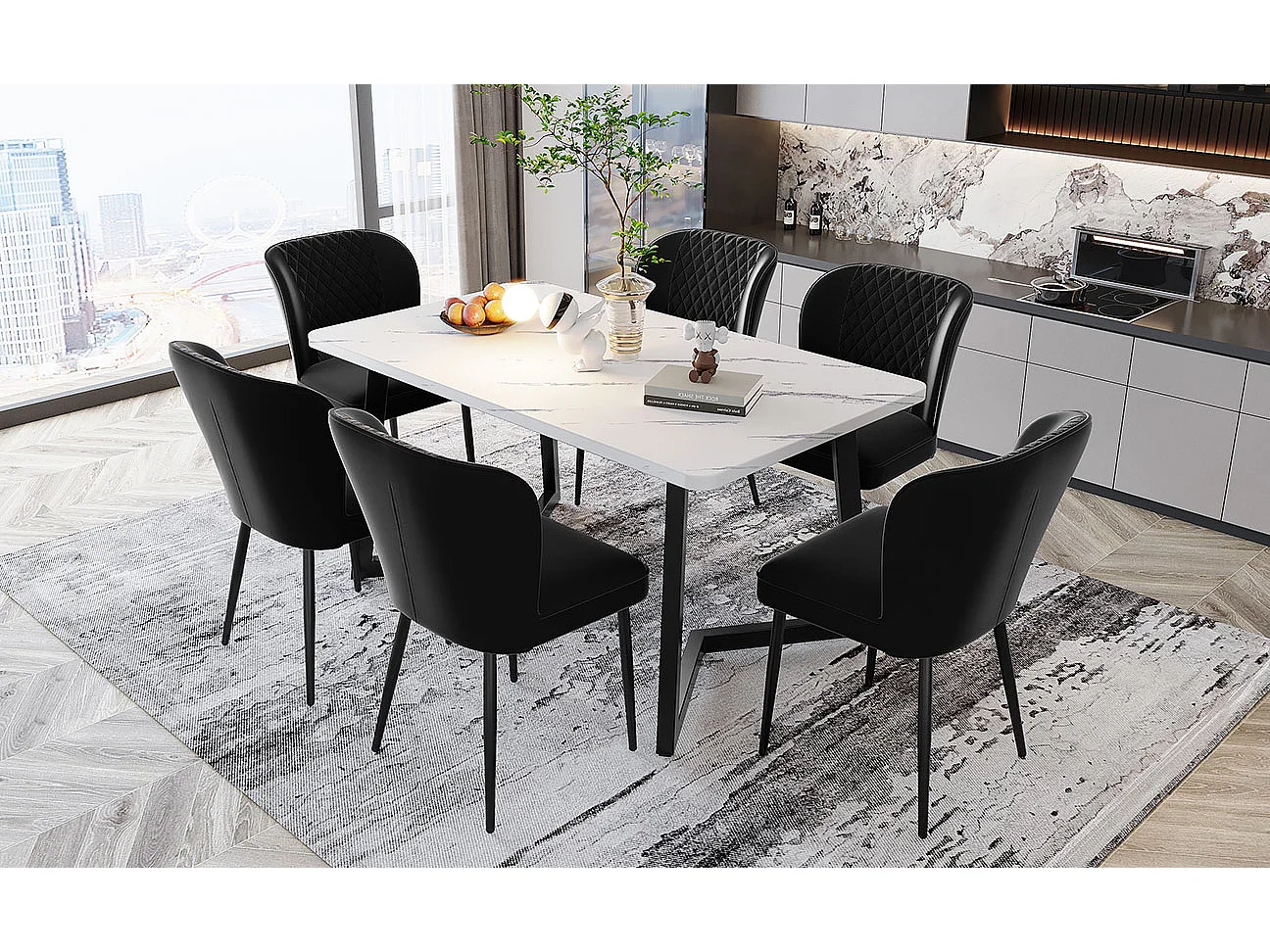 Chaise de salle à manger moderne, en velours noir, avec pieds métalliques, lot de 6 (47x43x86 cm)