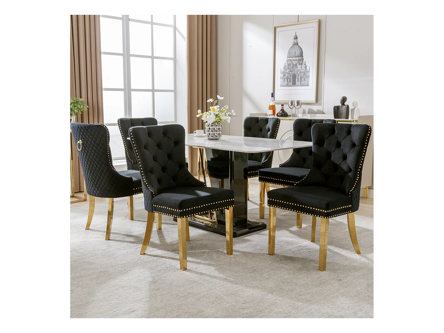 Eetkamerstoel van fluweel met decoratieve studs en gouden poten van roestvrij staal, zwart/goud (50,5x45x95 cm)