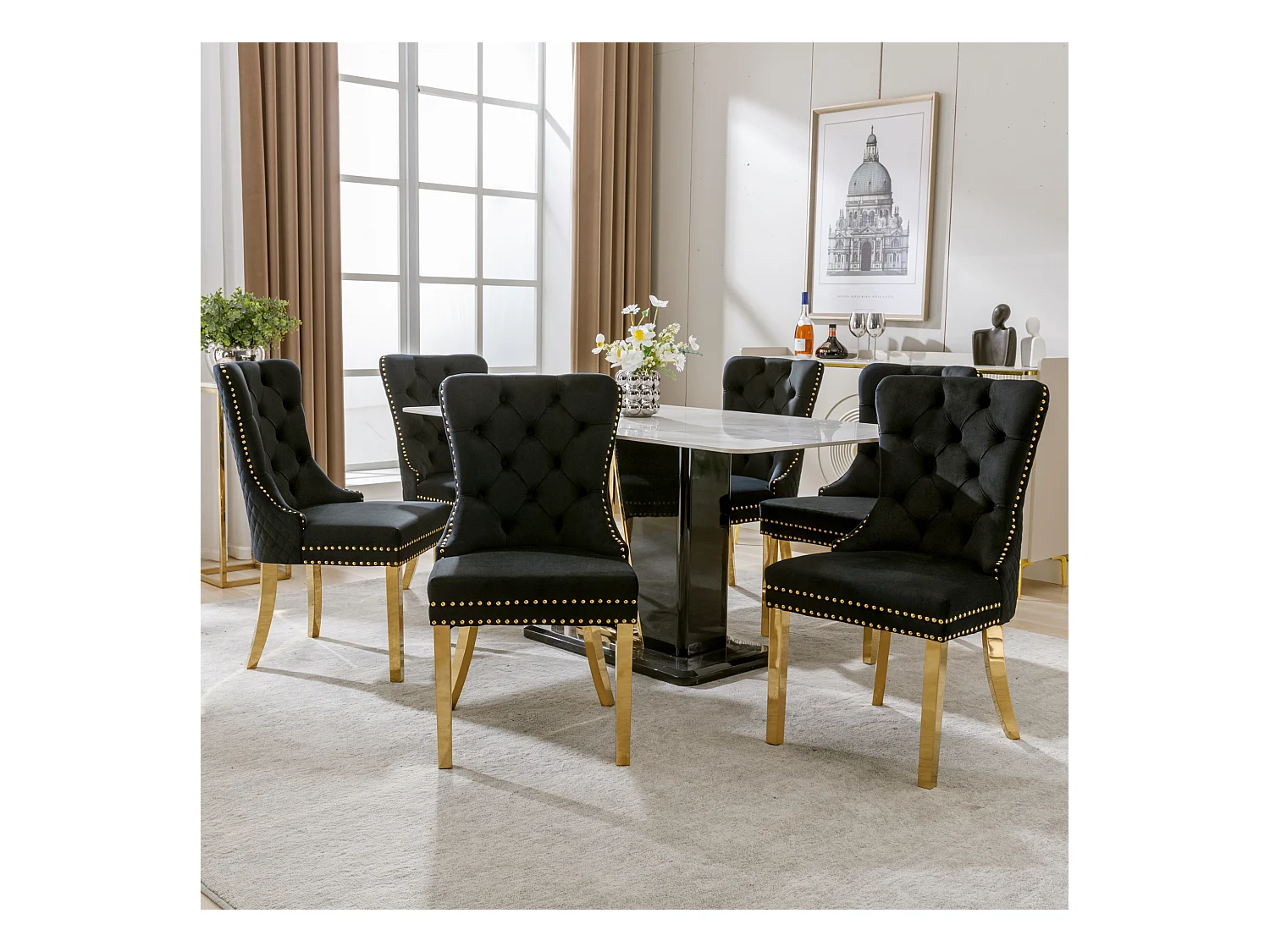 Eetkamerstoel van fluweel met decoratieve studs en gouden poten van roestvrij staal, zwart/goud (50,5x45x95 cm)