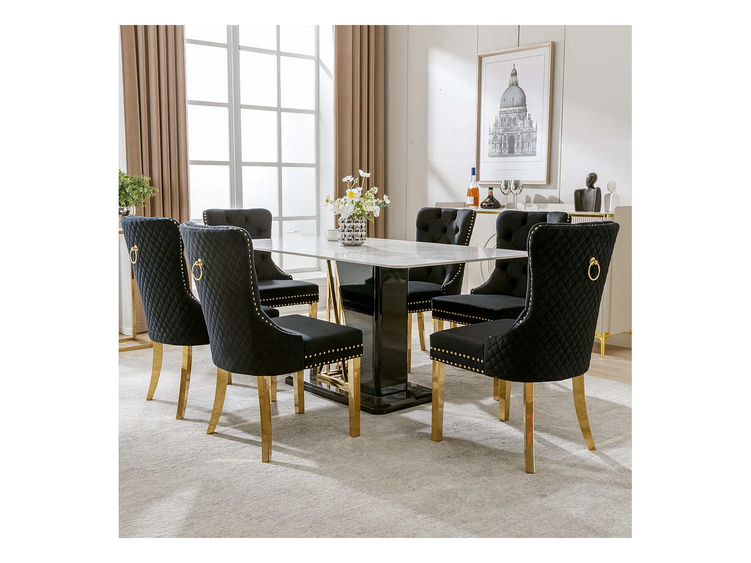 Eetkamerstoel van fluweel met decoratieve studs en gouden poten van roestvrij staal, zwart/goud (50,5x45x95 cm)