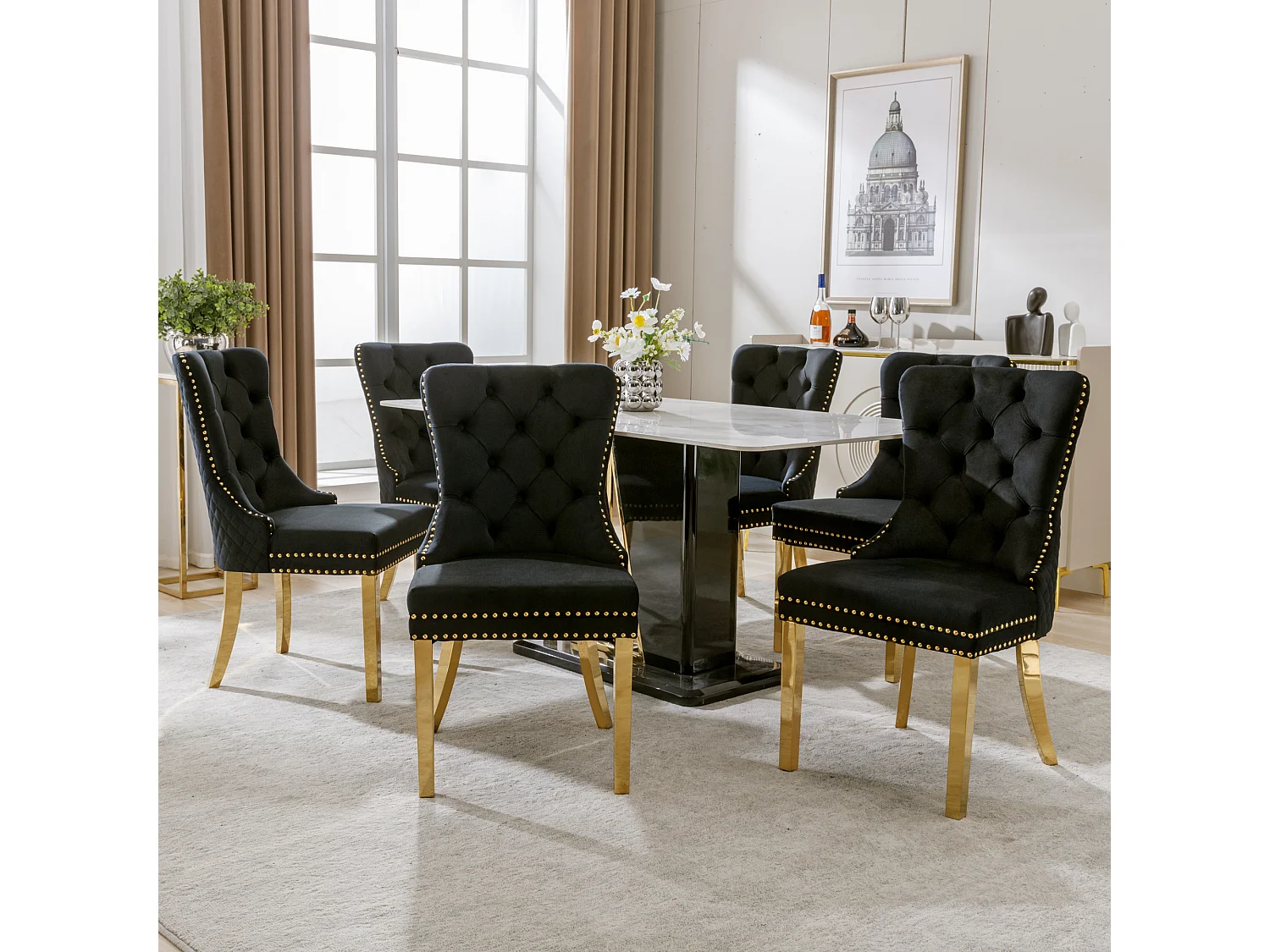 Chaise de salle à manger en velours, avec clous décoratifs et pieds en acier inoxydable doré, Noir/Or (50.5x45x95 cm)