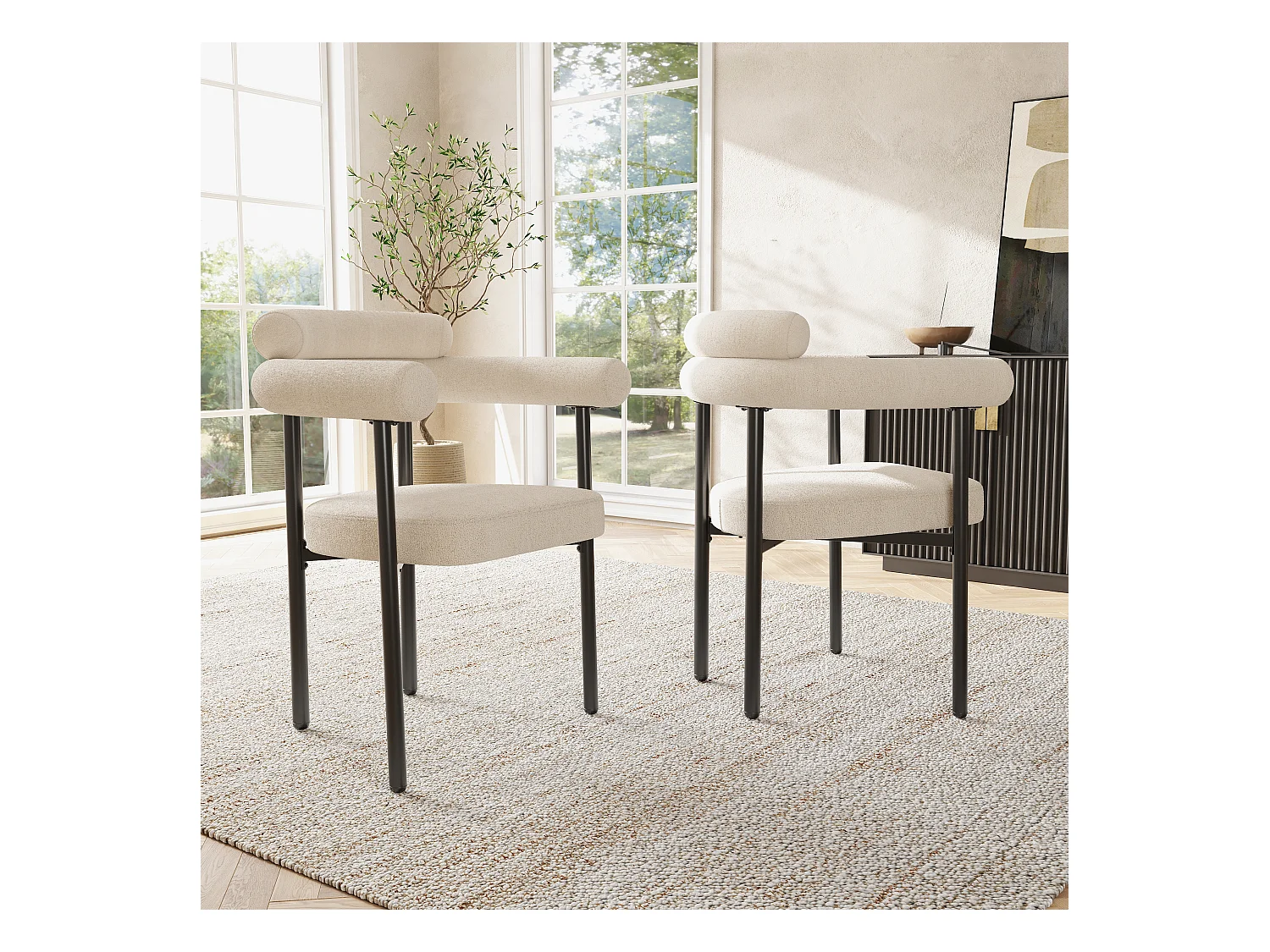 sedie da pranzo con schienale in rattan, seduta in PU, comode e traspiranti, metallo, beige (47x51x79 cm)