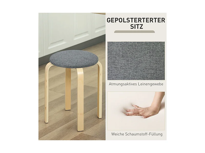 Set van 4 stapelbare krukken, hout, linnen stof, grijs, (40x40x45 cm)