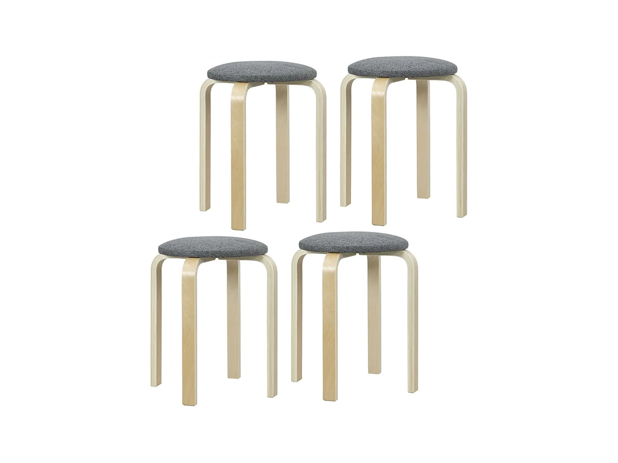 Set de 4 tabourets empilables, en bois, tissu lin, gris, (40x40x45 cm)