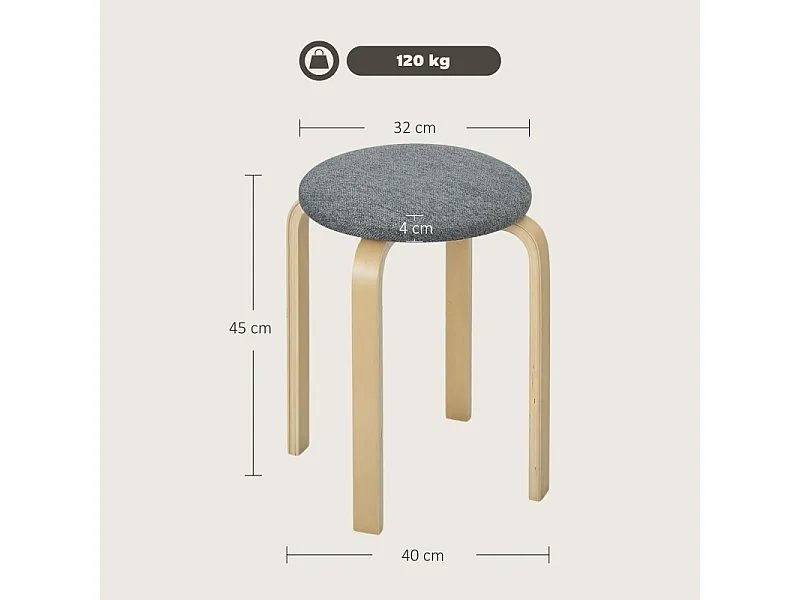 Set di 4 sgabelli impilabili, in legno, tessuto di lino, grigio, (40x40x45 cm)