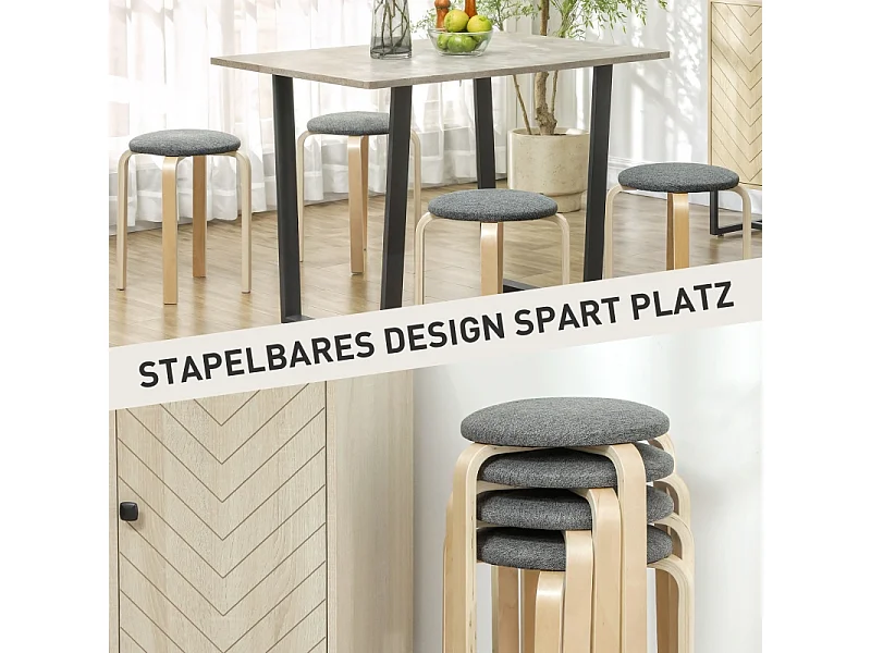 Set di 4 sgabelli impilabili, in legno, tessuto di lino, grigio, (40x40x45 cm)