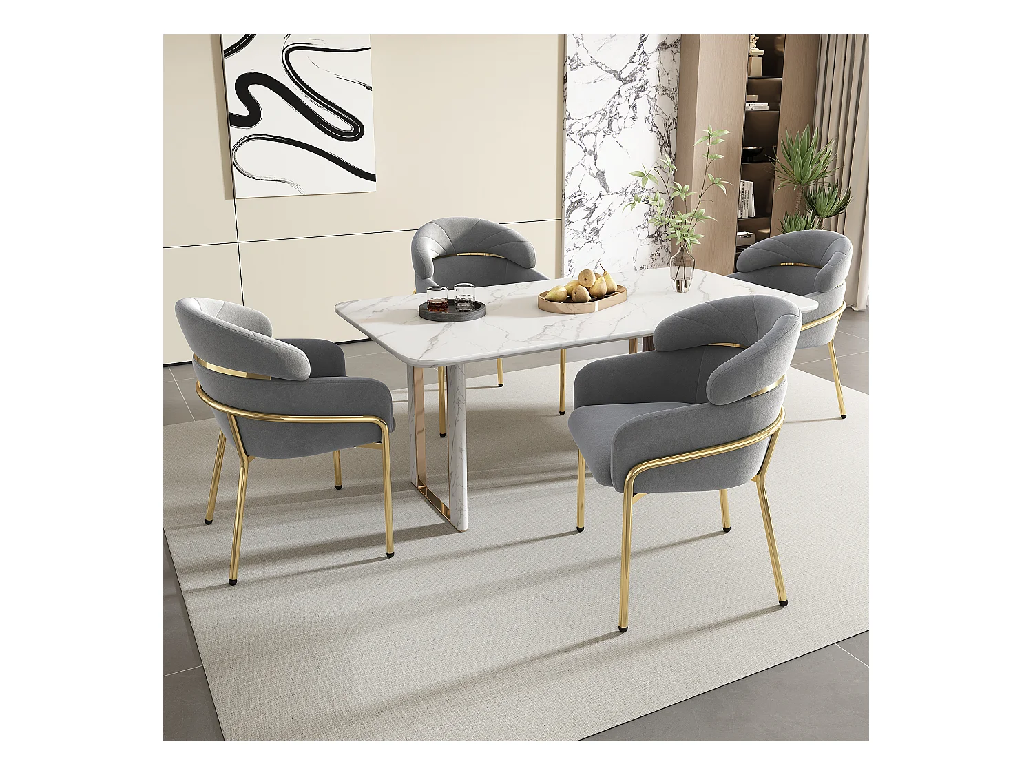 Lot de 4 Chaises de Salle à Manger, Design Élégant, Velours, Pieds Métalliques, Gris (59.69x59.69x55.88 cm)