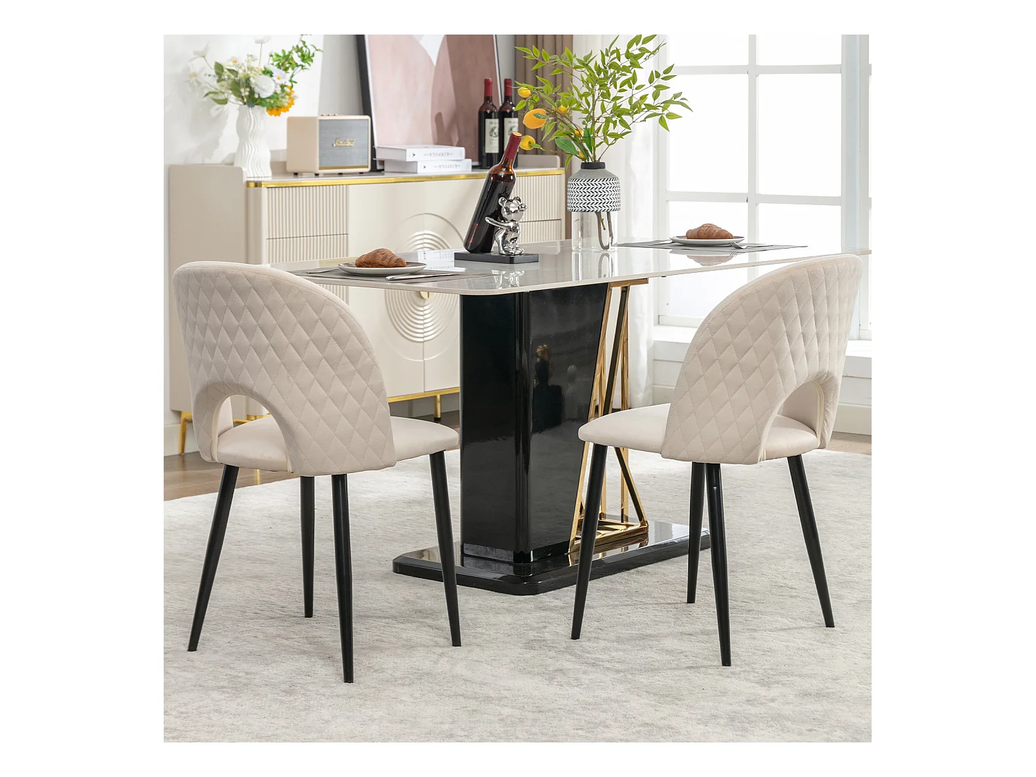 stuks eetkamerstoelen, gestoffeerd met rugleuning, beige fluwelen zitting, verstelbare metalen poten, ruitpatroon (47x44x84 cm)