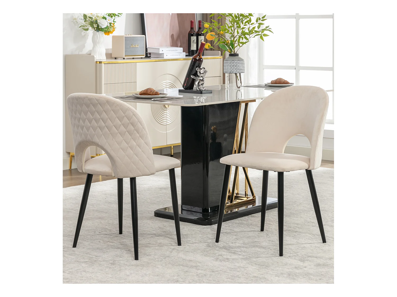 stuks eetkamerstoelen, gestoffeerd met rugleuning, beige fluwelen zitting, verstelbare metalen poten, ruitpatroon (47x44x84 cm)