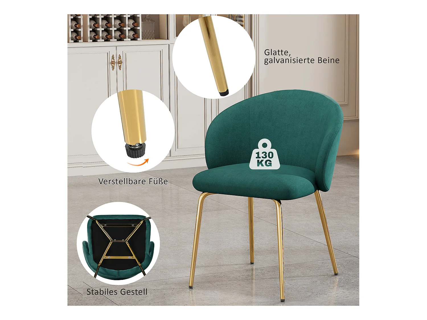 6 Chaises de salle à manger modernes avec accoudoirs, revêtement en velours, pieds métalliques dorés, vert (56x56x76 cm)