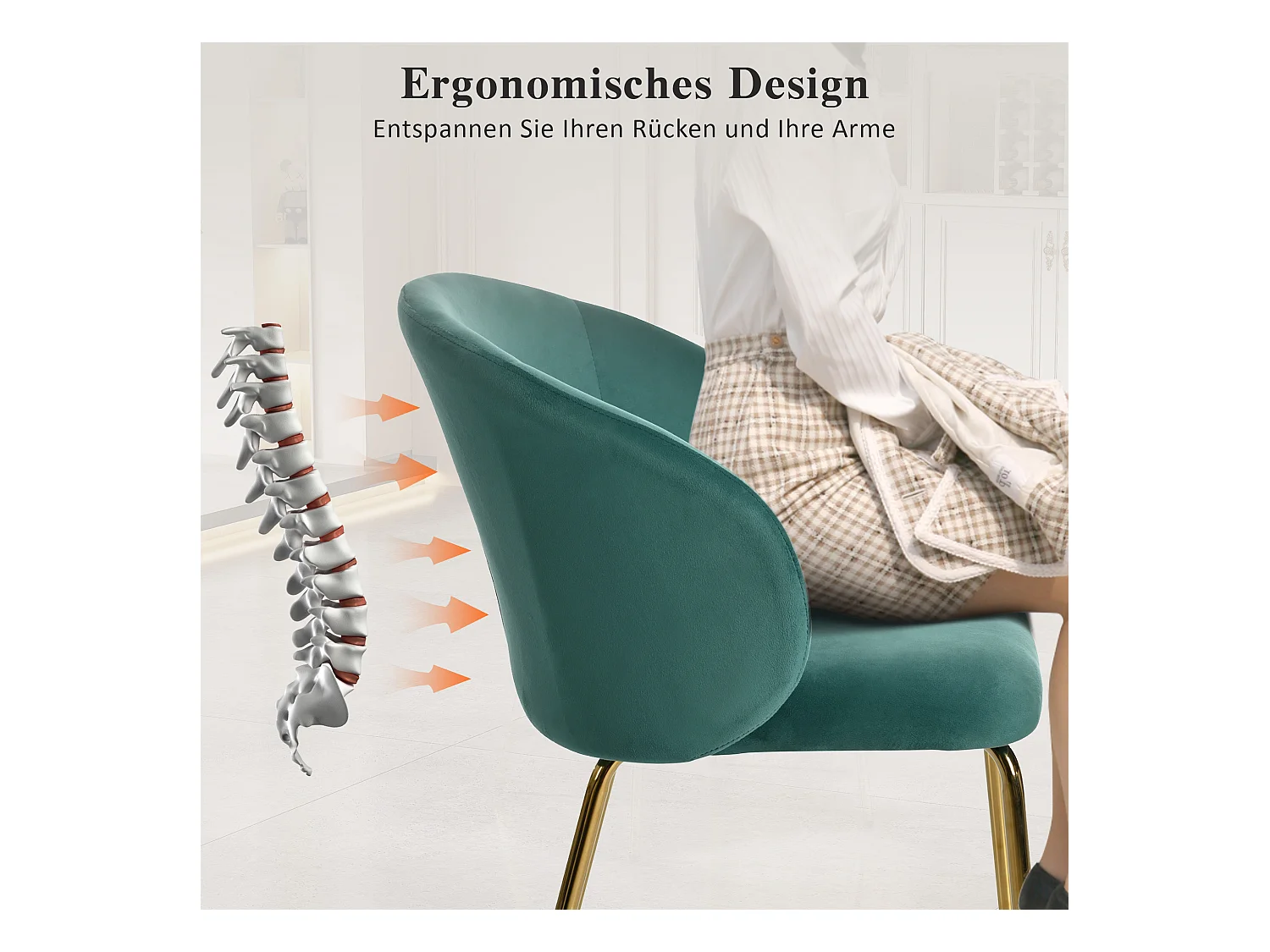 moderne eetkamerstoelen met armleuningen, fluwelen bekleding, gouden metalen poten, groen (56x56x76 cm)