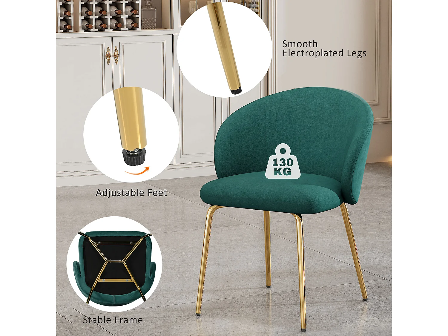 sillas de comedor modernas con reposabrazos, tapizadas en terciopelo, patas de metal dorado, color verde (56 x 56 x 76 cm)