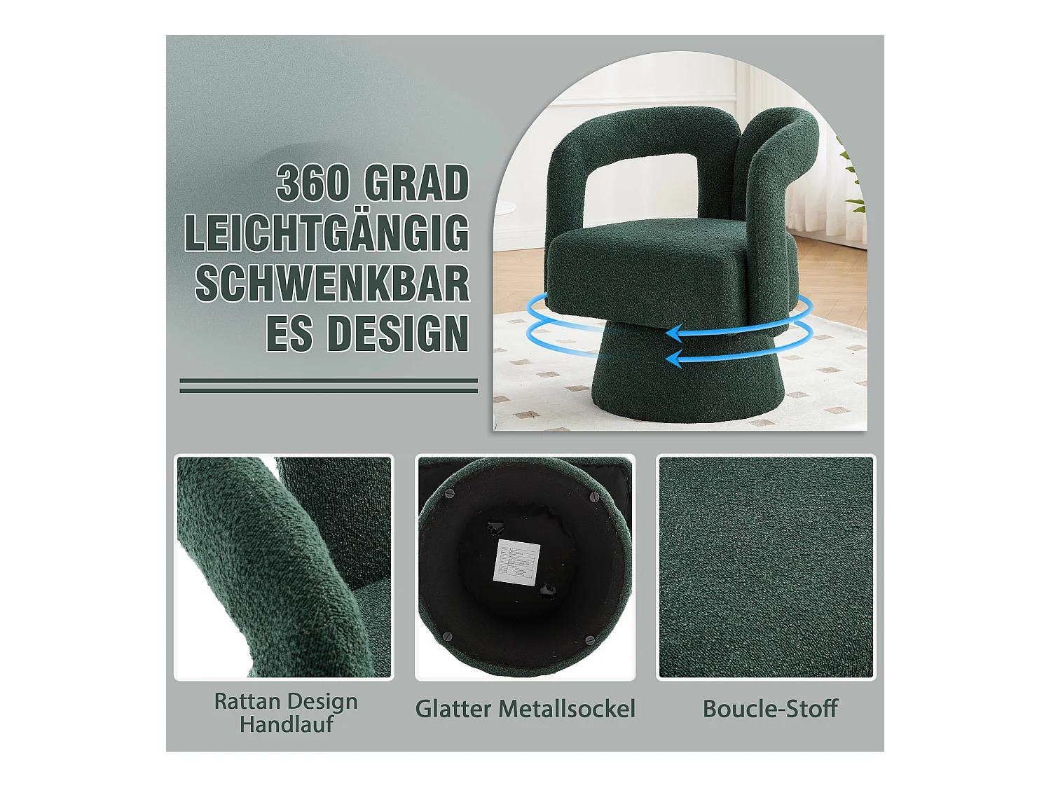 Fauteuil pivotant 360° en bouclé, design moderne avec large assise rembourrée, émeraude (67x55x74cm)