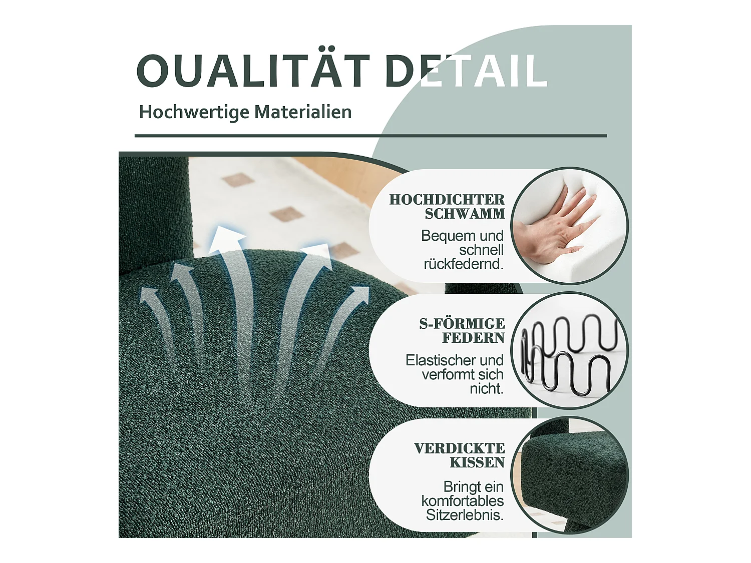 Fauteuil pivotant 360° en bouclé, design moderne avec large assise rembourrée, émeraude (67x55x74cm)