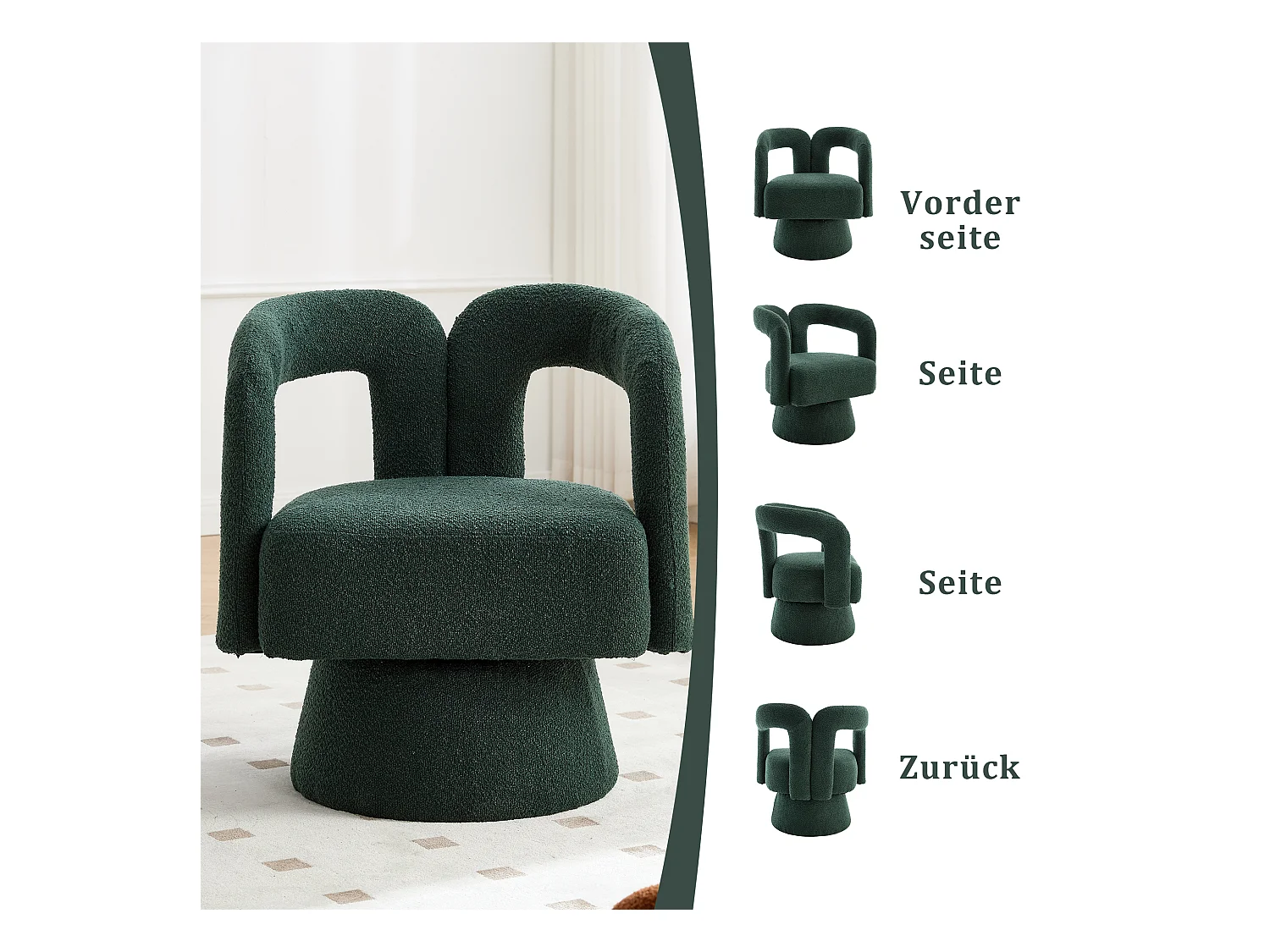 Fauteuil pivotant 360° en bouclé, design moderne avec large assise rembourrée, émeraude (67x55x74cm)