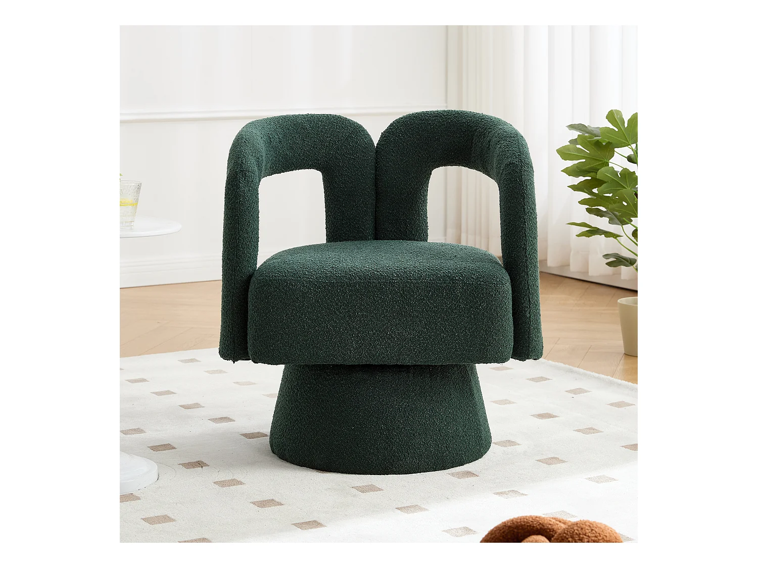 Fauteuil pivotant 360° en bouclé, design moderne avec large assise rembourrée, émeraude (67x55x74cm)