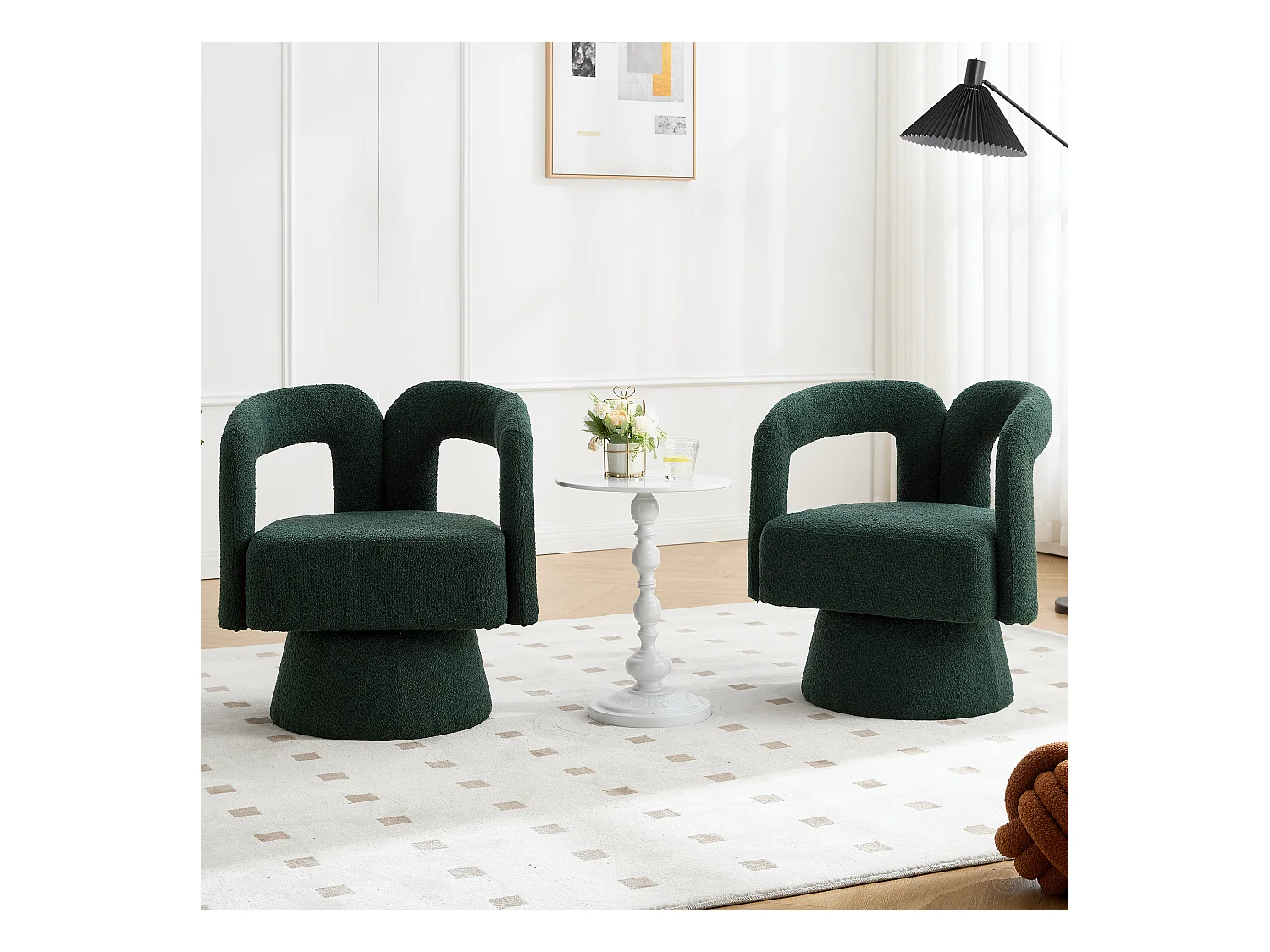 Fauteuil pivotant 360° en bouclé, design moderne avec large assise rembourrée, émeraude (67x55x74cm)