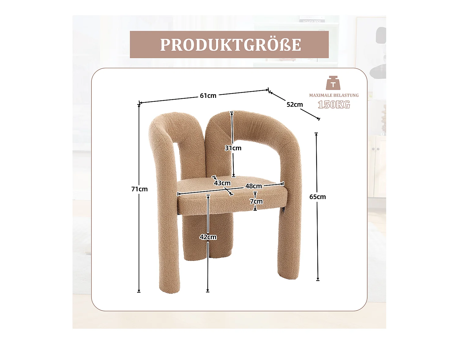 Fauteuil Ergonomique Tissu peluche, Design Unique, Confort Optimisé, Camel, Pour Salon/Bureau à domicile (64x50.5x71 cm)