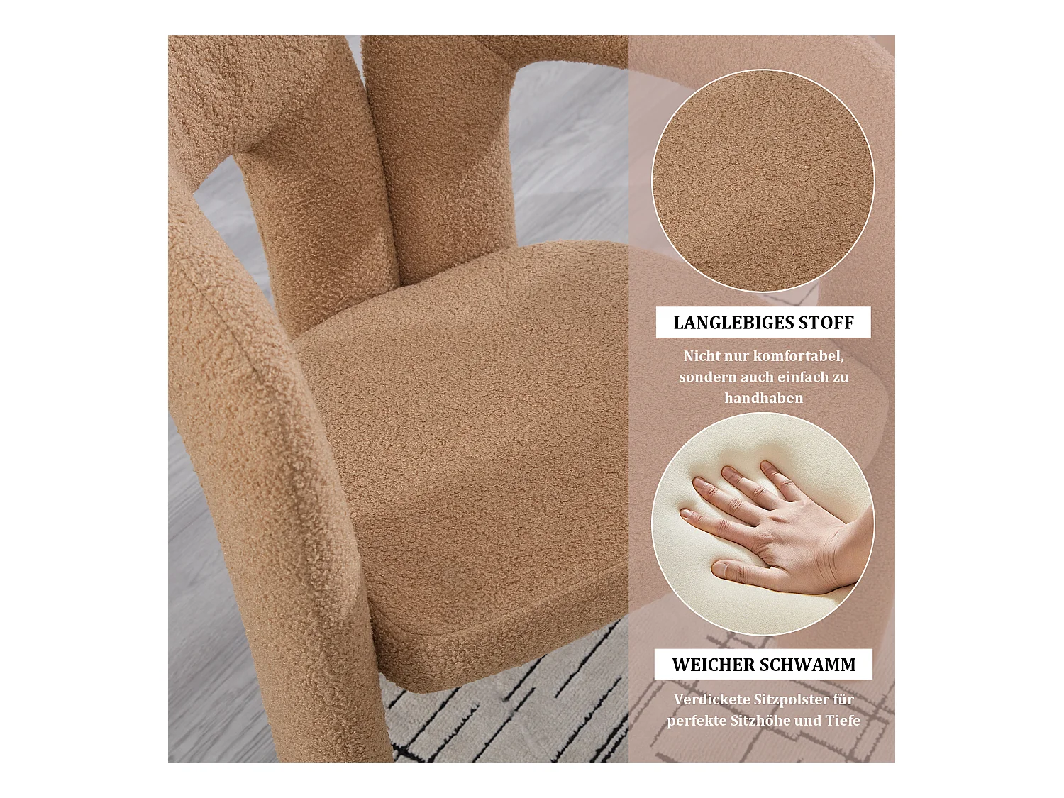 Fauteuil Ergonomique Tissu peluche, Design Unique, Confort Optimisé, Camel, Pour Salon/Bureau à domicile (64x50.5x71 cm)