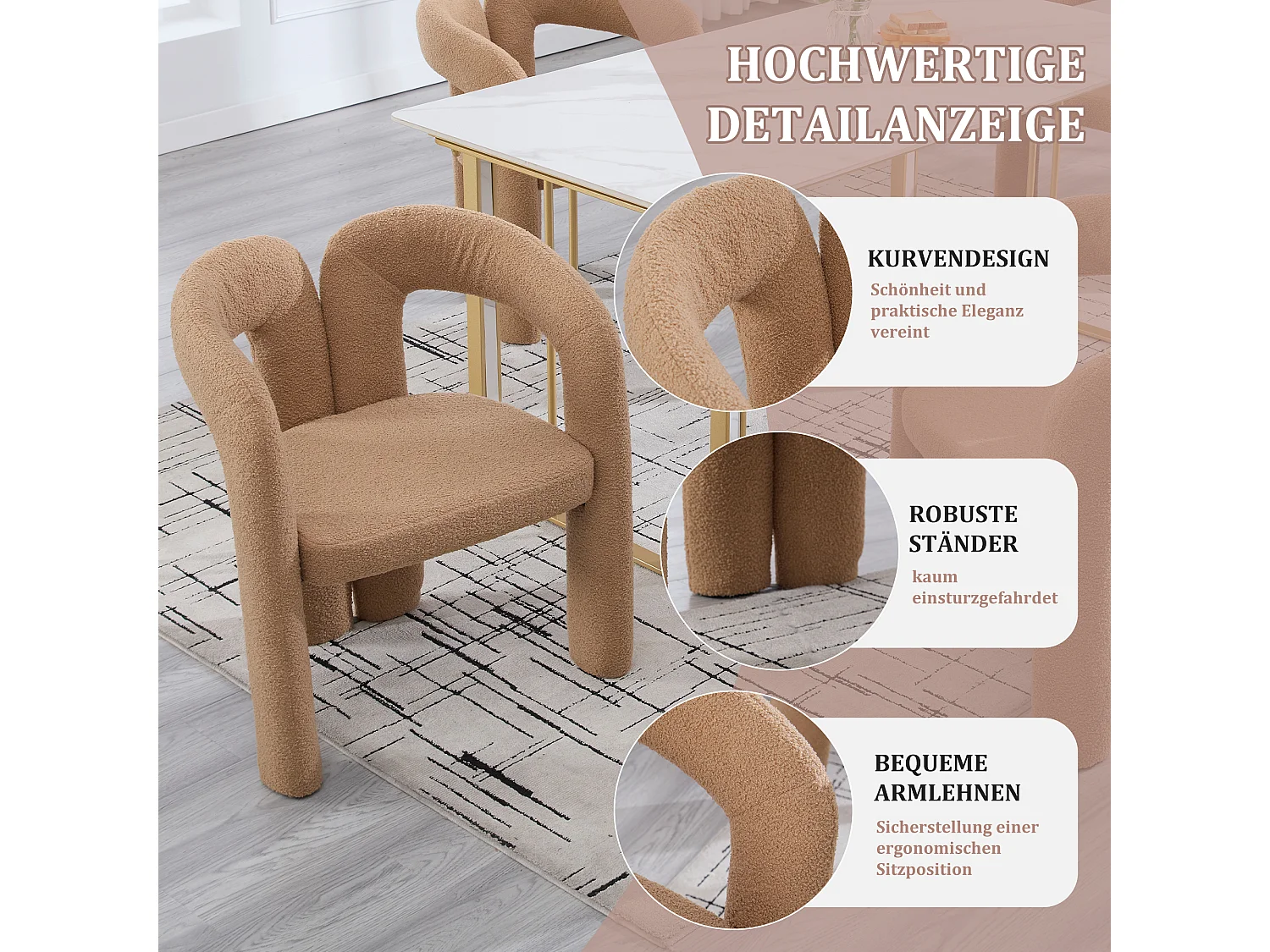 Fauteuil Ergonomique Tissu peluche, Design Unique, Confort Optimisé, Camel, Pour Salon/Bureau à domicile (64x50.5x71 cm)
