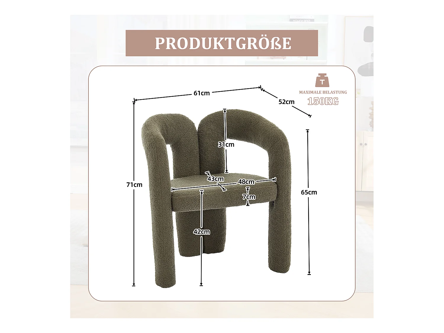 Fauteuil Ergonomique en Tissu peluche, Design Exclusif, Confort Optimal, Olive, Pour Salon/Bureau à domicile (64x50.5x71 cm)