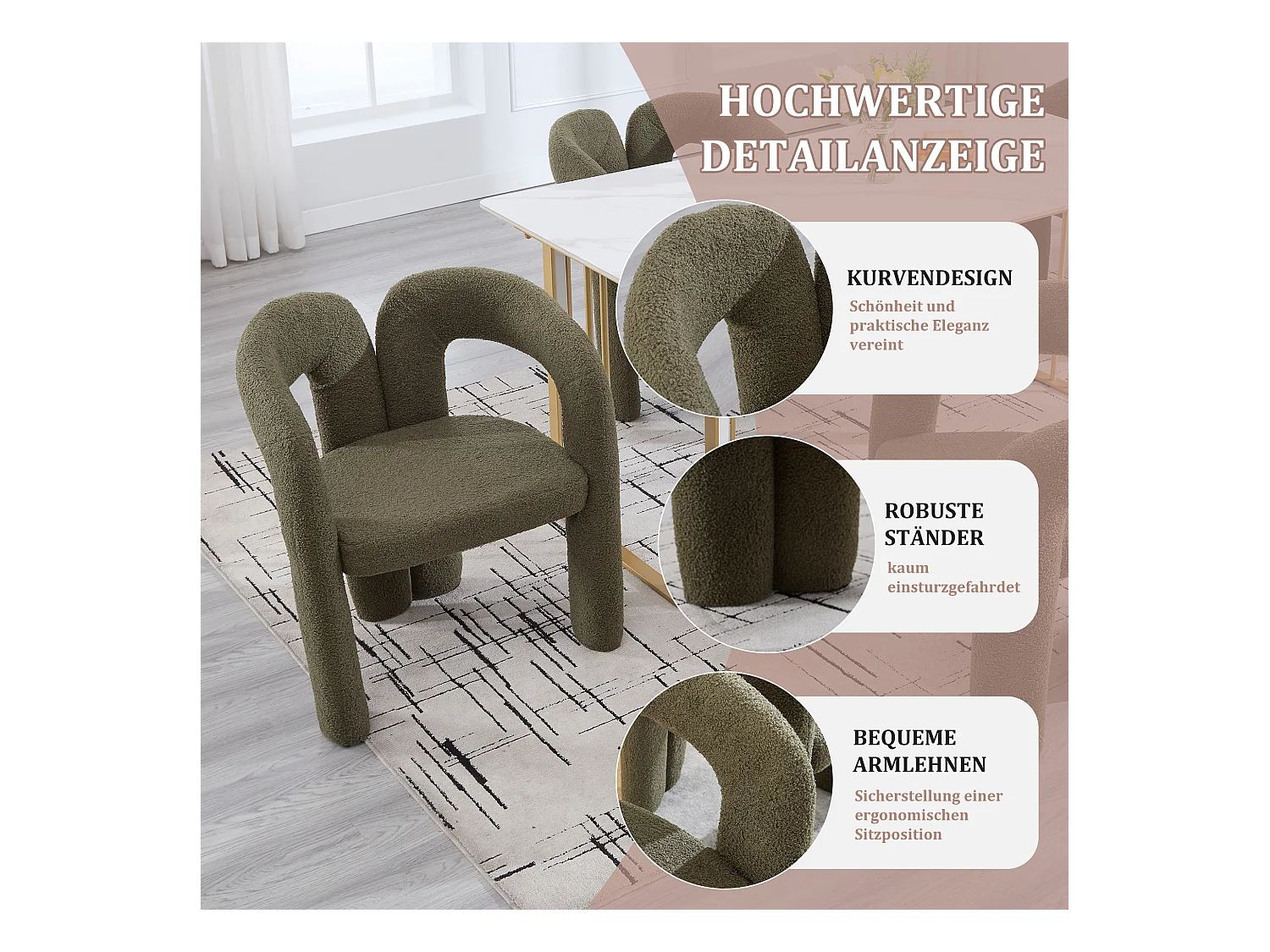 Fauteuil Ergonomique en Tissu peluche, Design Exclusif, Confort Optimal, Olive, Pour Salon/Bureau à domicile (64x50.5x71 cm)
