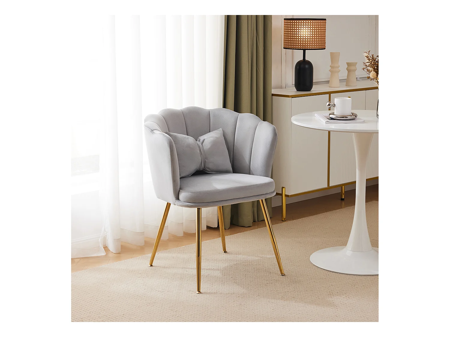 Sillón moderno de terciopelo, respaldo pétalo, patas de metal dorado, cojín decorativo, para salón/dormitorio (63x58x77 cm)