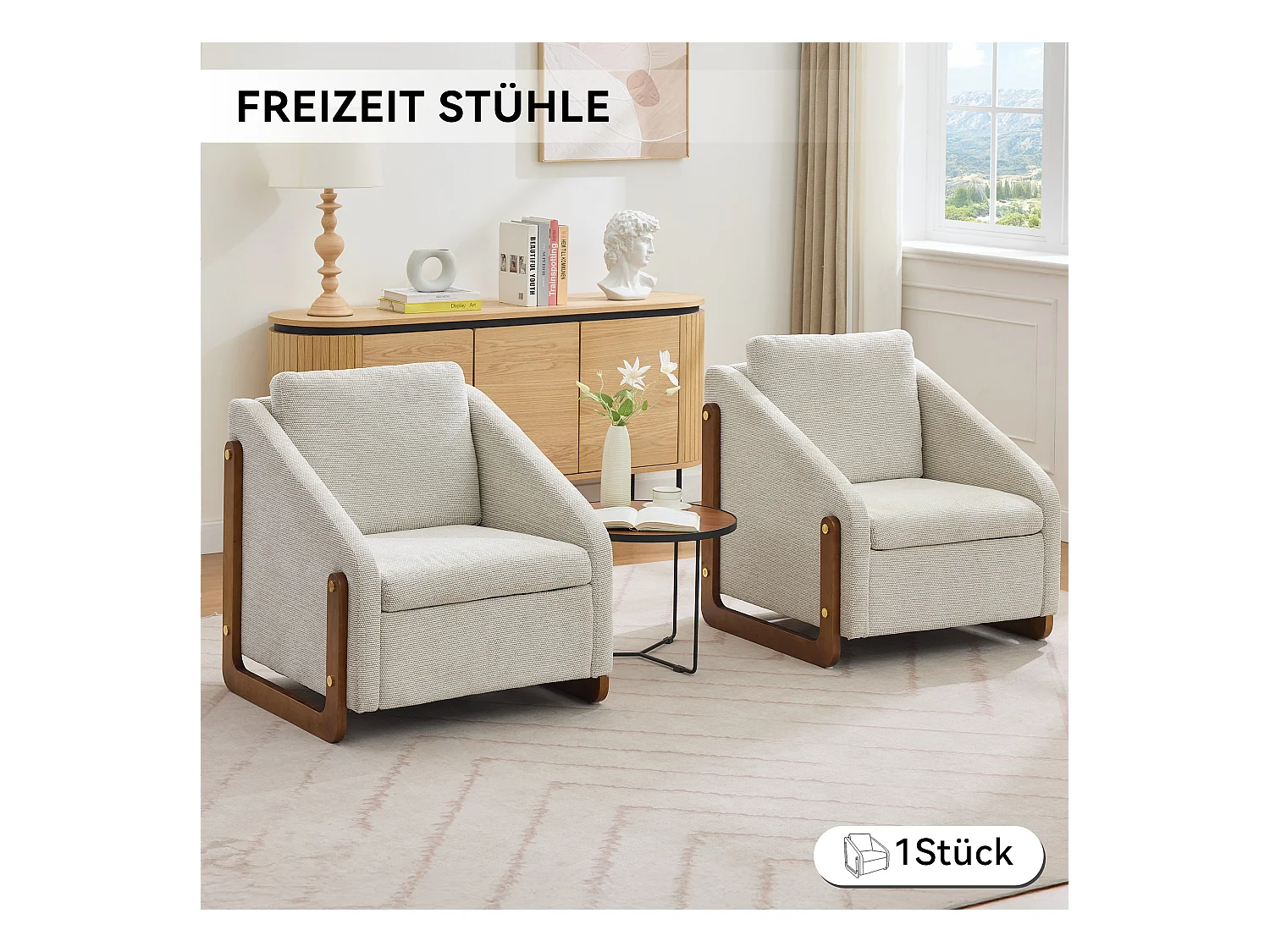 Accentfauteuil, woonkamerfauteuil, houten armleuningen, beige chenillestof, 73,5x73,5x73,5 cm, Set van 1