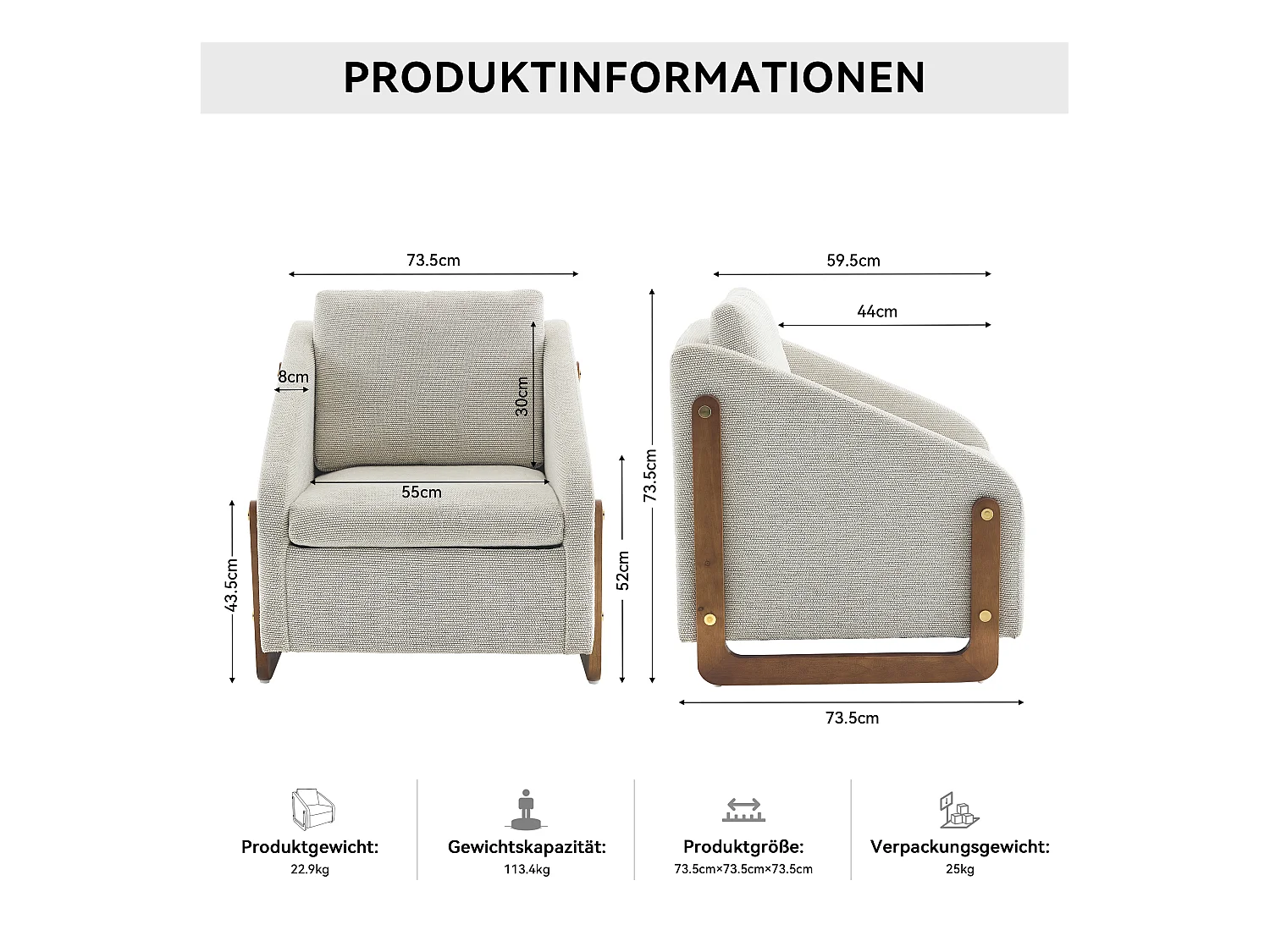 Accentfauteuil, woonkamerfauteuil, houten armleuningen, beige chenillestof, 73,5x73,5x73,5 cm, Set van 1