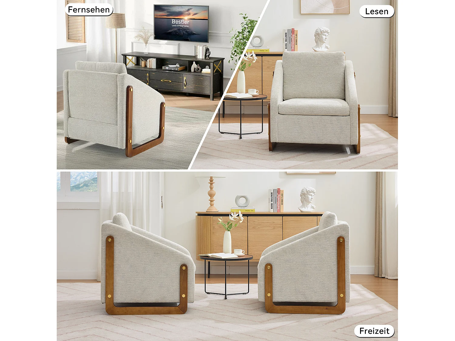 Fauteuil accent, fauteuil de salon, accoudoirs en bois, tissu chenille beige, 73.5x73.5x73.5 cm, Lot de 1