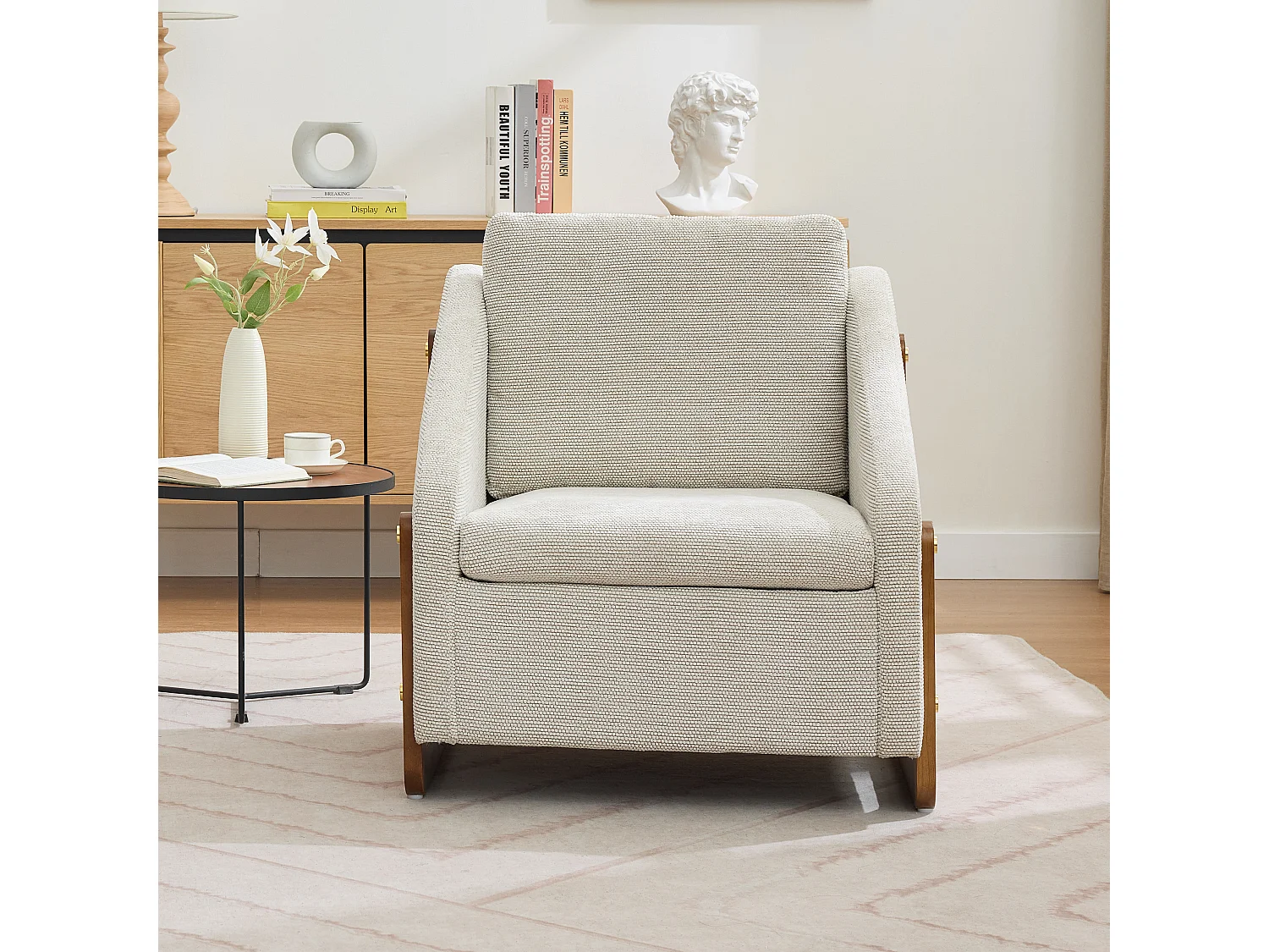 Fauteuil accent, fauteuil de salon, accoudoirs en bois, tissu chenille beige, 73.5x73.5x73.5 cm, Lot de 1